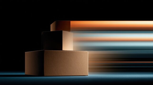 Three stacked boxes with light streaks implying motion and speed
