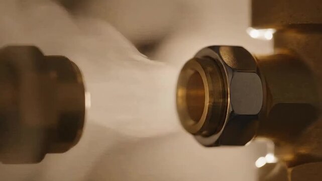 Macro shot of steam escaping from a miniature brass valve. Backlit vapor swirling around gold-colored metallic pipe fittings. Industrial engineering and pressure concept