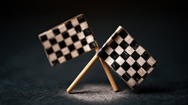 Two small checkered flags crossed on wooden sticks, set against a dark background