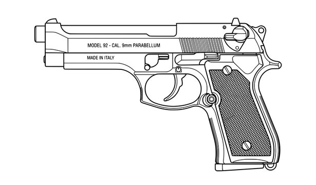 Vintage Beretta Style Handgun Engraved Vector Sketch Illustration