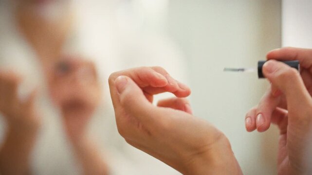 A girl tends to her hands, gently applying cuticle oil along each nail with a small brush. This nail care routine keeps cuticles healthy and nourished, showcasing professional at-home treatment