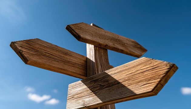 Weathered wooden directional signpost with four arrows pointing different ways