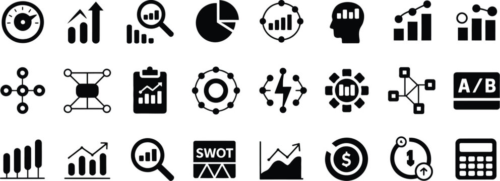 Analytics Icon Set with 25 Solid Icons for Data Analysis, KPI Tracking, Reports, and Performance Metrics.