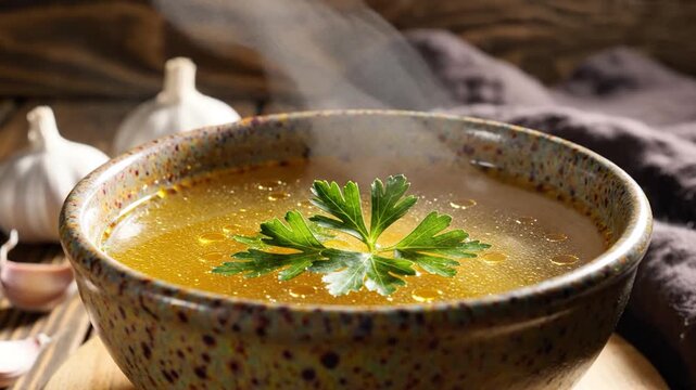 Steaming golden chicken broth in a speckled ceramic bowl with fresh parsley garnish and garlic on a rustic wooden table