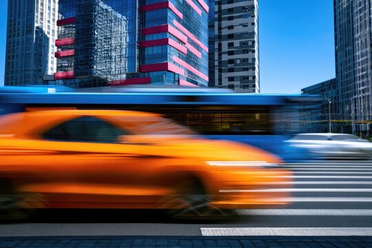 Orange sports car and blue bus blurred speeding past modern city buildings