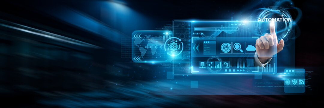 Businessman uses virtual smart dashboards analyzing automation data and intelligent workflows, process optimization, operational efficiency, digital transformation.