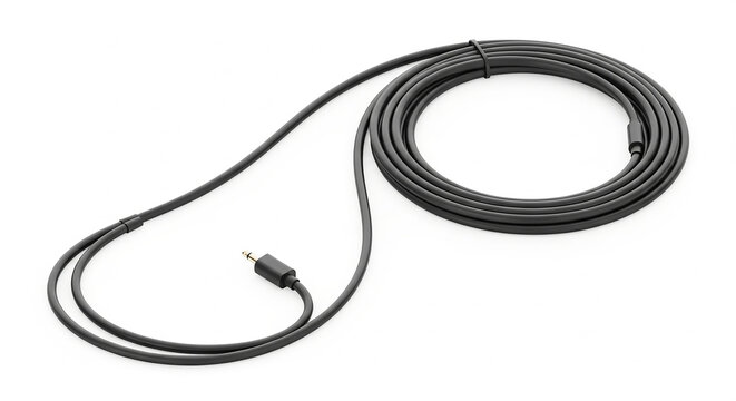 A coiled black audio cable with a3.5mm jack connector neatly arranged on a clean white background for easy use and connectivity Keywords: audio cable, cord, black, coiled, 3.5mm jack