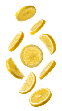 Fresh lemon slices falling isolated on transparent background