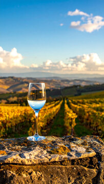 An empty crystal wine glass stands on a weathered stone ledge overlooking a vast valley of symmetrical grapevines.
