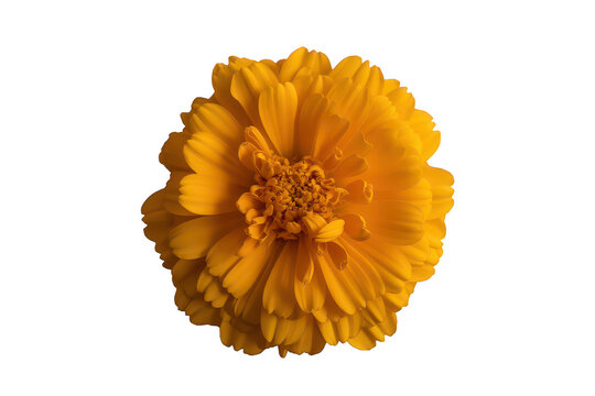 A single vibrant orange marigold flower head with intricate layered petals isolated against a solid black background, for contrast