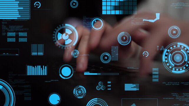 A modern workspace featuring a digital interface with futuristic data visualizations. Hands typing on a keyboard emphasize the intersection of technology and analysis. Xenic