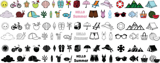 Summer line icons vector mega collection, ultimate beach tropical vacation bundle featuring silhouette, coloring book linear art elements for premium seasonal design. © Porshi
