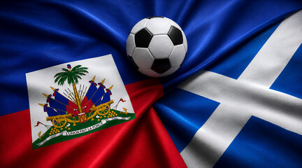 Fototapeta premium Cinematic Haiti and Scotland Flags with Soccer Ball for 2026 Tournament