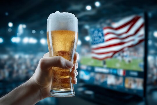 Hand holding a cold glass of beer with foam in front of a blurred screen showing American football and waving US flag at night