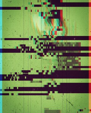 Vintage Analog Film Glitch Overlay Texture Series - Vibrant green background with heavy cyberpunk pixelation, colorful neon block artifacts, datamosh effects, and vertical lines.