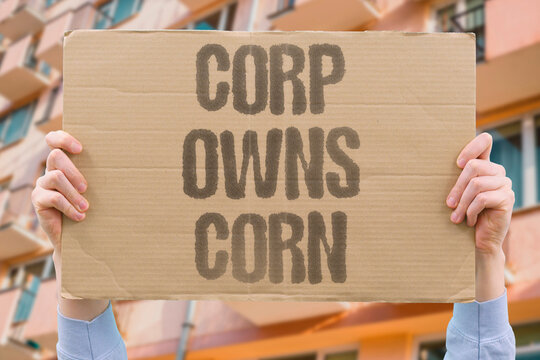 "Corp owns corn" Agribusiness controls staple crop. SEED. CORPORATION. MONOPOLY. FOOD. PATENT.