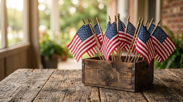 Small american flags in a rustic wooden box on a porch table. American independence day