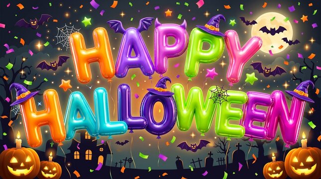 Colorful balloons spell 'Happy Halloween' against a spooky night background. Jack-o'-lanterns and bats add to the festive autumn decor.