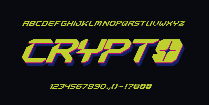 Crypto is a futuristic techno typeface featuring aggressive angular shapes, forward-leaning letterforms, and a distinctive cyberpunk character. Designed for gaming, esports, sci-fi, technology, crypto