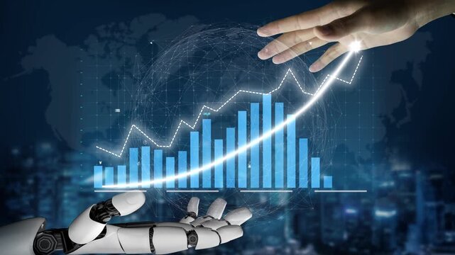 This striking visual captures the essence of human and robotic collaboration with a rising graph, symbolizing innovative technology and future growth in business. Copula