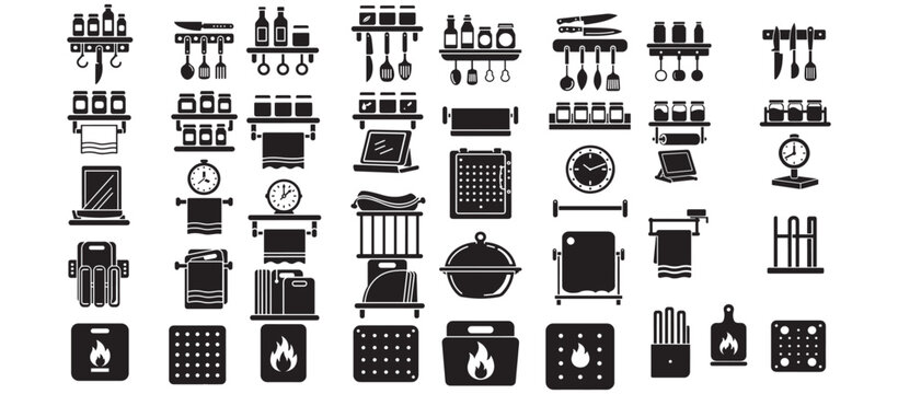 Kitchen And Household Icon Set Vector Silhouette Of Shelves Jars Knives Utensils Towels And Timers