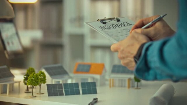 An insurance agent carefully fills out a policy form, mitigating risks from natural disasters, to provide compensation and reinsurance services to residents