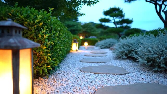 Stone stepping path with glowing lanterns in a Japanese zen garden at dusk