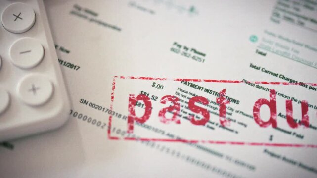 Highlighting financial burden, close-up captures a red 'past due' stamp on a utility bill, vivid against the paper. A calculator and scattered documents frame the overdue notice, emphasizing records