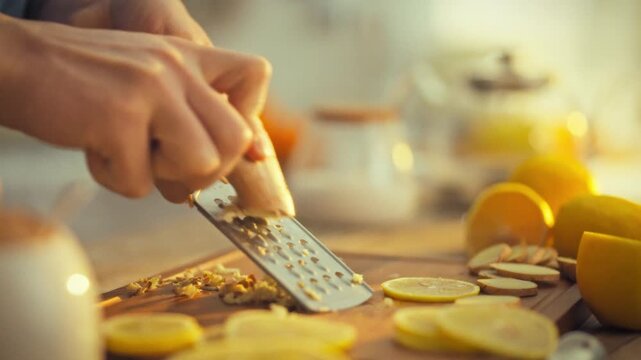A person's skilled hands gently grate a raw brown ginger root, unleashing its pungent aroma and rich vitamins, tapping into its numerous health benefits