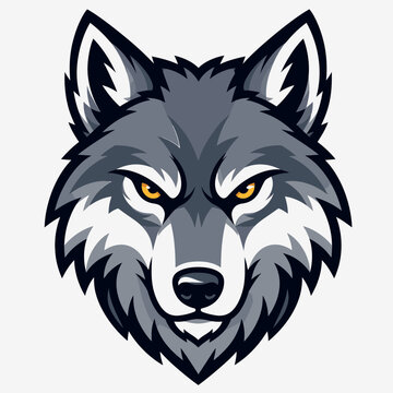 Gray wolf head, cartoon illustration, animal portrait, vector icon