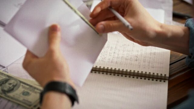 In a modern office environment, a businessman carefully places cash into an envelope, surrounded by office records and papers, illustrating a small business concept in a typical work setting
