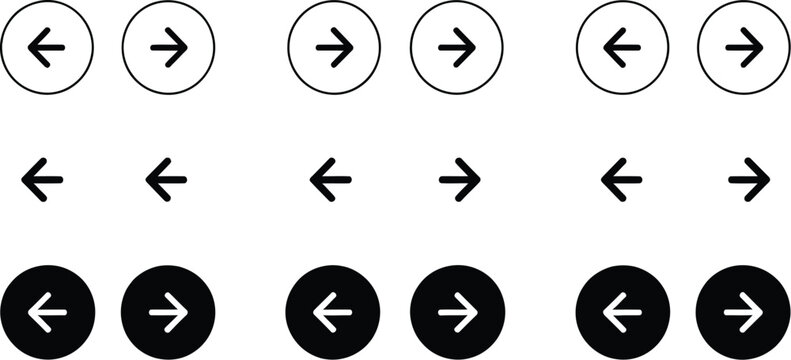 Arrow Buttons Icon Set for Website Slider Navigation, Next and Previous Web Interface Controls.