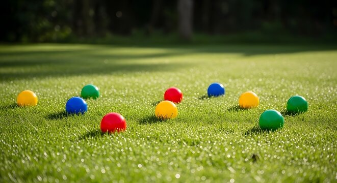 Colorful lawn bowls balls scattered on a manicured grass field with recreation colorful activity equipment competition training