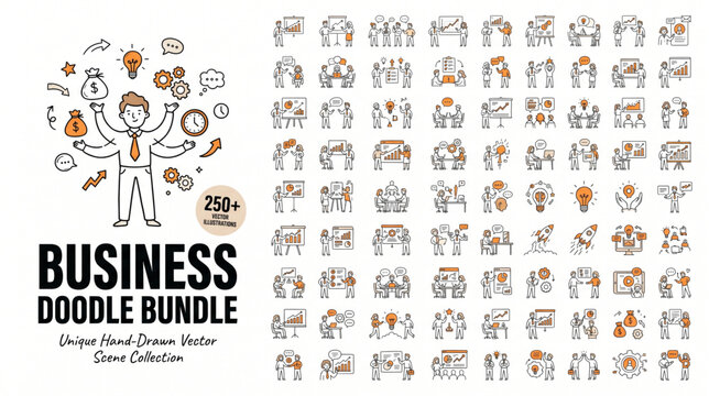 Business doodle bundle with cute multitasking businessman character holding money bag financial success time management business meeting teamwork strategy planning corporate growth vector icons