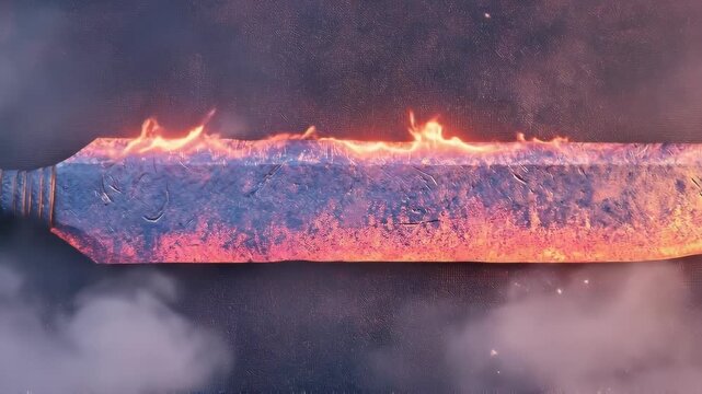 Epic fantasy sword glowing with intense heat and smoke effects