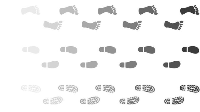 Collection of various footprints and shoe prints in different styles and shades isolated on transparent background