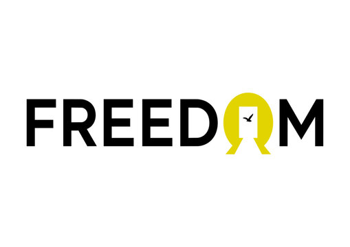 A striking and symbolic &ldquo;Freedom&rdquo; logo design featuring an open doorway inside the letter O with a flying bird silhouette escaping into the sky.