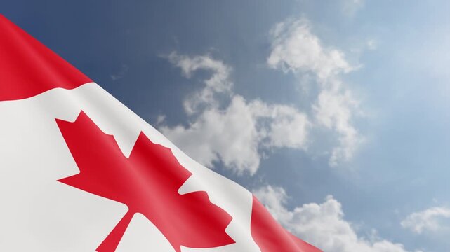 Passenger Airplane Flying Over Canadian Flag Waving Against Blue Sky and Clouds Background