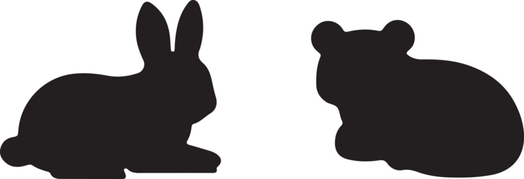 Silhouettes of a rabbit and a mouse, side by side, isolated on white background