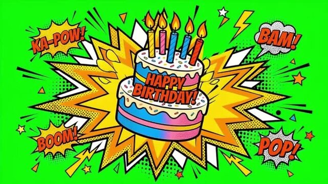Vibrant birthday cake with lit candles explodes in comic pop art style