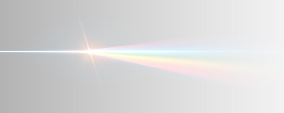 Soft crystal rainbow flare with holographic glow effect. Transparent prism light beams on gradient space. Abstract colorful overlay for digital art.