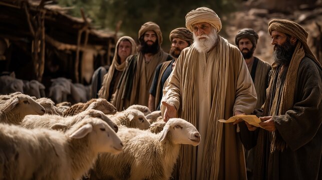 A daylight camp scene of israelites learning to distinguish clean and unclean animals under priestly instruction in the wilderness camp.