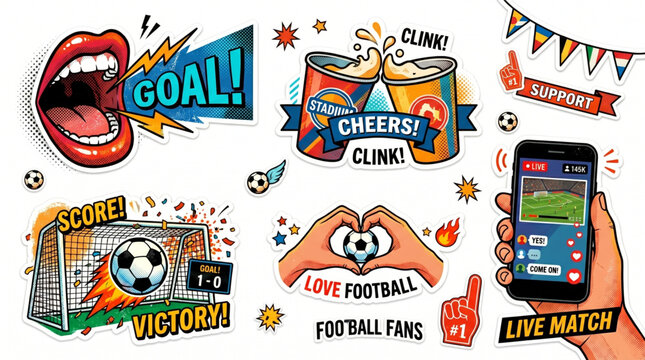 Football halftone art collage cut outs set. Fun soccer fans stickers with vintage dot texture and doodles. Modern retro grunge mixed media with goal mouth, cheers beer, live match mobile phone.