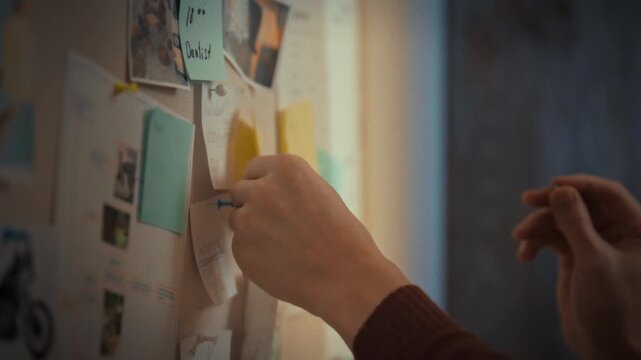 A mans hand meticulously pins colored sticky notes onto a board, carefully labeling and organizing his reminders, to create a visual representation of his goals in a task-oriented work setting