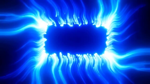 Static shot of glowing blue energy streams converging and forming rectangular dark void at center in abstract digital space