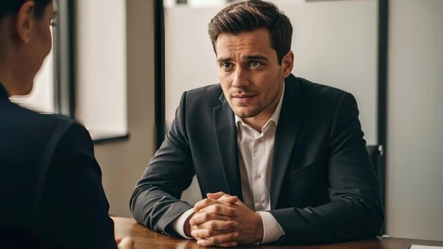 Serious man in a suit listening intently during a business meeting. Focused male candidate with clasped hands in a tense job interview or corporate negotiation