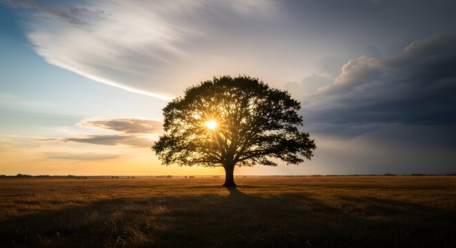 Solitary oak tree at sunset
