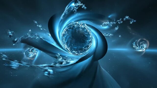 Abstract cosmic vortex with swirling blue nebulae and glowing orbs in deep space