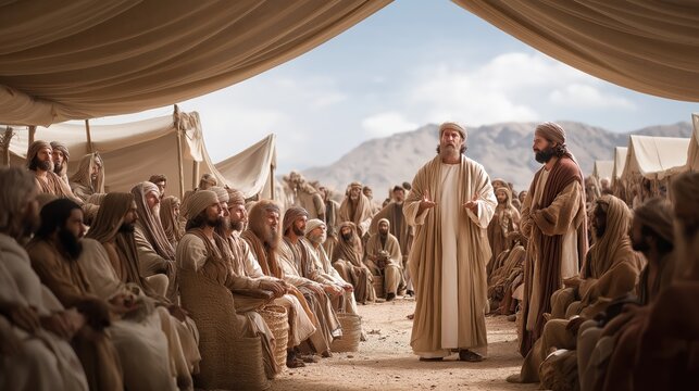 A daytime camp scene of moses judging disputes among the israelites as jethro advises him under a simple desert canopy.