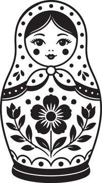 Black and white of a traditional russian matryoshka nesting doll with floral patterns and polka dots on white background, also transparent background